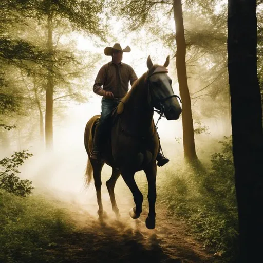 Prompt: Man riding a horse in the woods
