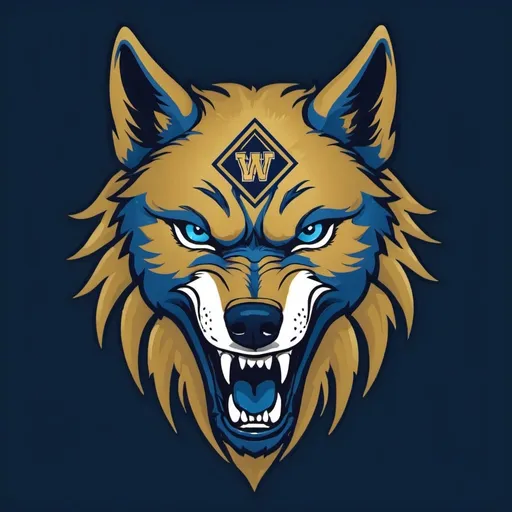 Prompt: I need a wolf head with a snarling face showing teeth Logo, with the Capital letters NWM behind the wolf. In Blue and gold in color. With the words Northxrn Wolf Mindset underneath the logo