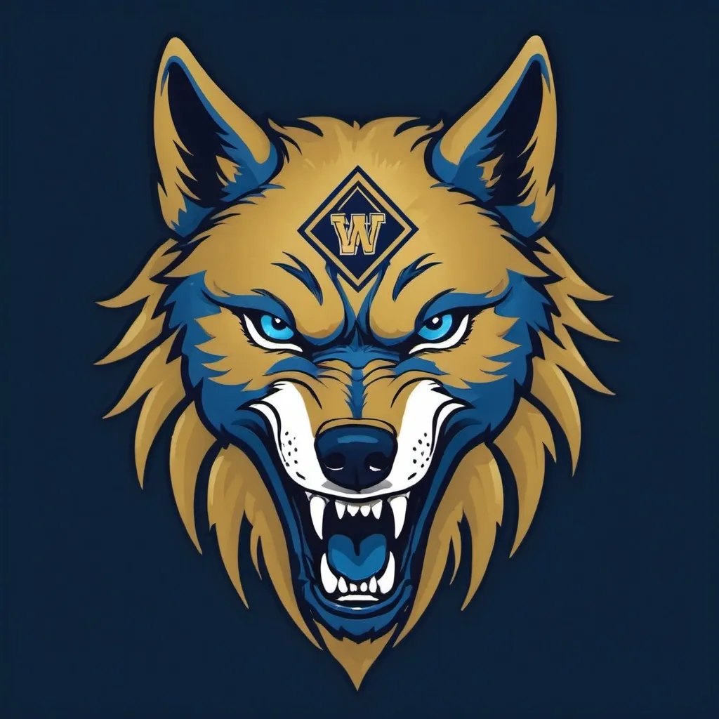 Prompt: I need a wolf head with a snarling face showing teeth Logo, with the Capital letters NWM behind the wolf. In Blue and gold in color. With the words Northxrn Wolf Mindset underneath the logo