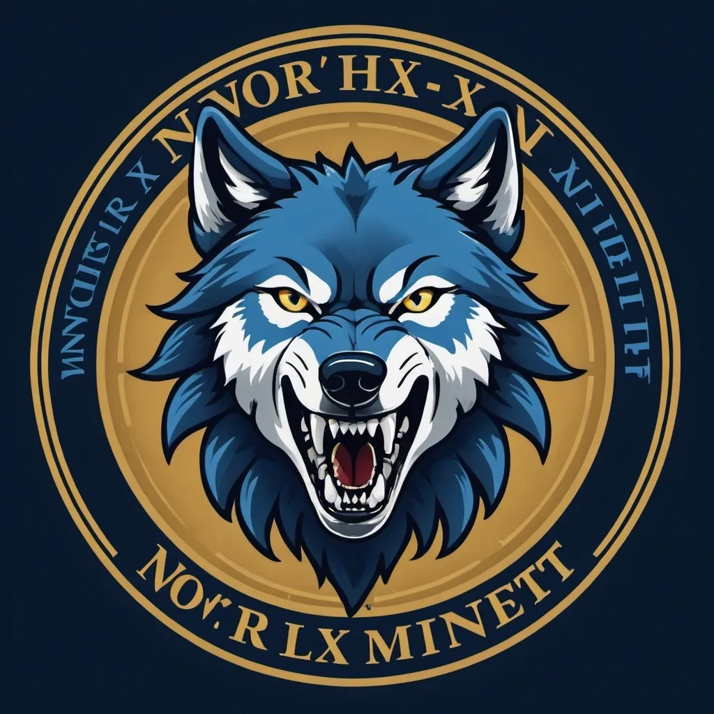 Prompt: I need a real wolf head with a snarling face showing teeth Logo, with the Capital letters NWM behind the wolf. In Blue and gold in color. With the words Northxrn Wolf Mindset underneath the logo