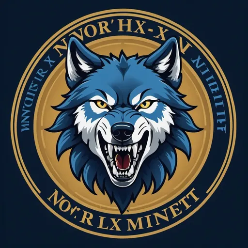 Prompt: I need a real wolf head with a snarling face showing teeth Logo, with the Capital letters NWM behind the wolf. In Blue and gold in color. With the words Northxrn Wolf Mindset underneath the logo