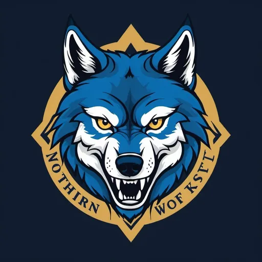 Prompt: I need a wolf head with a snarling face showing teeth Logo, with the Capital letters NWM behind the wolf. In Blue and gold in color. With the words Northxrn Wolf Mindset underneath the logo