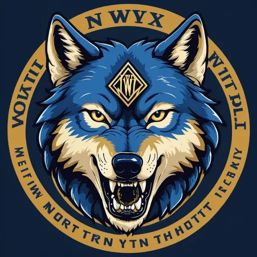 Prompt: I need a real wolf head with a snarling face showing teeth Logo, with the Capital letters NWM behind the wolf. In Blue and gold in color. With the words Northxrn Wolf Mindset underneath the logo