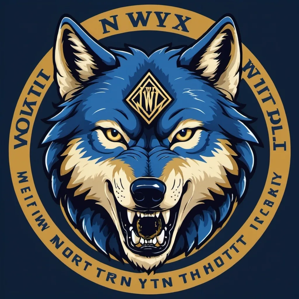 Prompt: I need a real wolf head with a snarling face showing teeth Logo, with the Capital letters NWM behind the wolf. In Blue and gold in color. With the words Northxrn Wolf Mindset underneath the logo