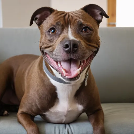 Prompt: BROWN STAFFY TERRIER WITH WHITE HAIR AROUND THE NECK SMILING SITTING ON A CHEWED UP SOFA 