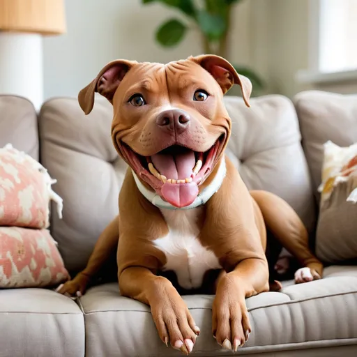 Prompt: BROWN PITTBULL WITH WHITE HAIR AROUND THE NECK SMILING SITTING ON A CHEWED UP SOFA 