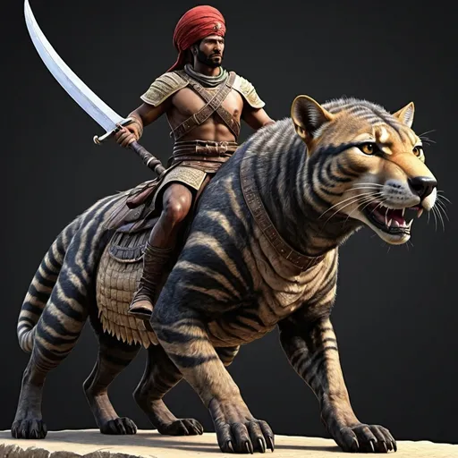 Prompt: A black Ottoman warrior with a scimitar riding a thylacoleo (ark survival evolved model) in battle persian armor (amores thylacoleo)