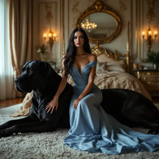 Prompt: A beautiful woman sitting on a giant black Great Dane in a luxurious bedroom, ultra-realistic, high quality, cinematic lighting."