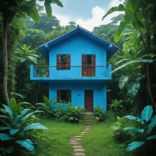 Prompt: house in the behind jungle, blue color