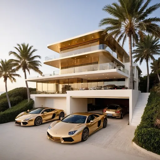 Prompt: my dream house builed in side of beach, look so luxurious and mad by gold. and my garage there so many cars 