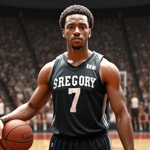 Prompt: Create a realistic image of a black male basketball player named Gregory Stevens and 7 as his number