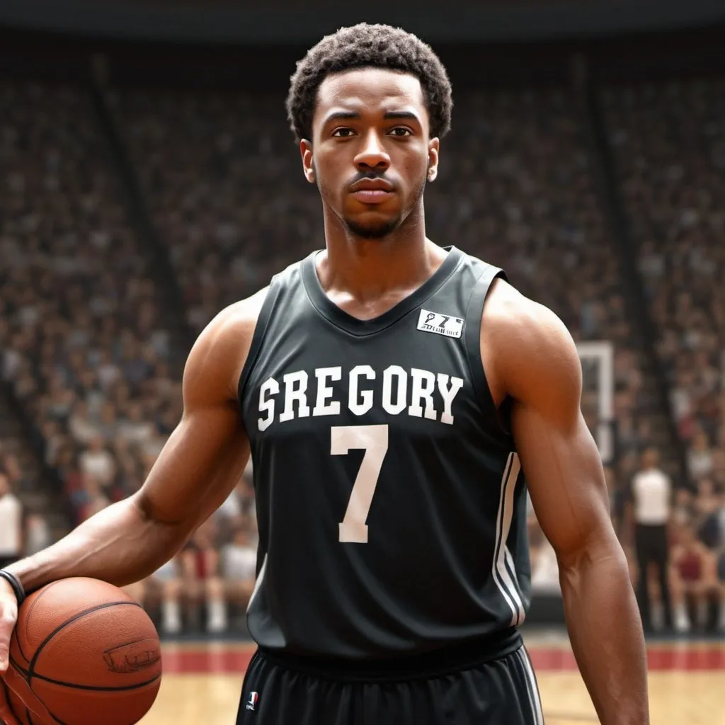 Prompt: Create a realistic image of a black male basketball player named Gregory Stevens and 7 as his number