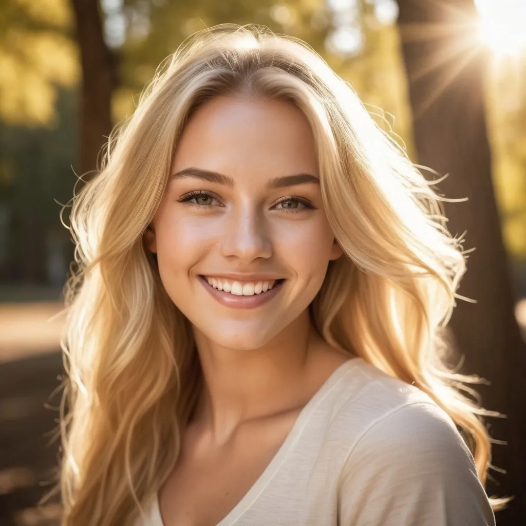 Prompt: Pretty young blonde woman, outdoor setting, sunlight, high quality, warm tones, detailed facial features, flowing hair, radiant smile, natural beauty, sunny day, sunlight filtering through trees, professional, realistic, warm lighting