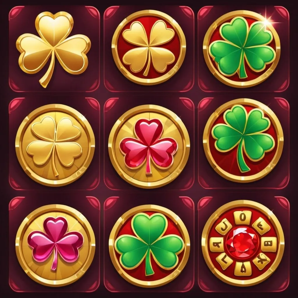 Prompt: Generate a set of slot game symbols including a golden coin, a red ruby, a lucky horseshoe, a four-leaf clover, and a jackpot symbol.