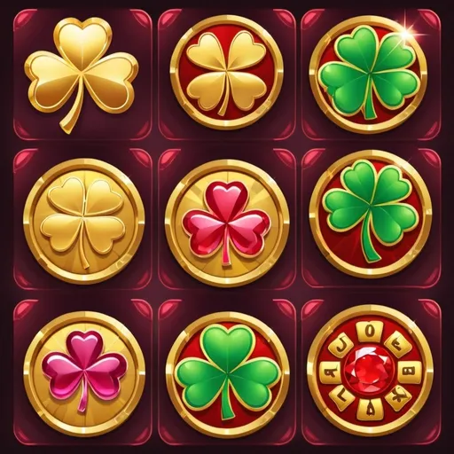 Prompt: Generate a set of slot game symbols including a golden coin, a red ruby, a lucky horseshoe, a four-leaf clover, and a jackpot symbol.