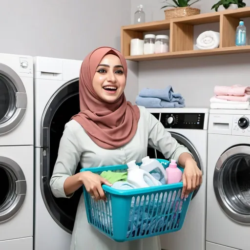 Prompt: A hijab woman excited beside washing machine, a lot of clothes on the basket, with hanger, one big liquid detergent bottles