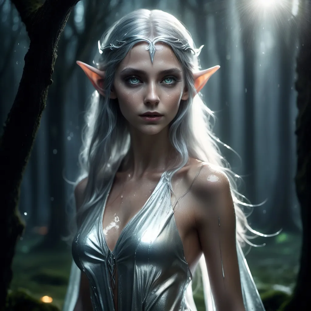 Prompt: (4K)a tall beautiful elf woman, (liquid gown) melting silver material, fighting an enemy not seenatmospheric lighting, (dimly glowing eyes) illuminating the surroundings, mystical ambiance, wet glowing ground reflecting light, dramatic shadows, enchanting expression, delicate features, ethereal grace, overall mood of mystery and allure, cinematic depth, ultra-detailed, serene yet eerie setting.