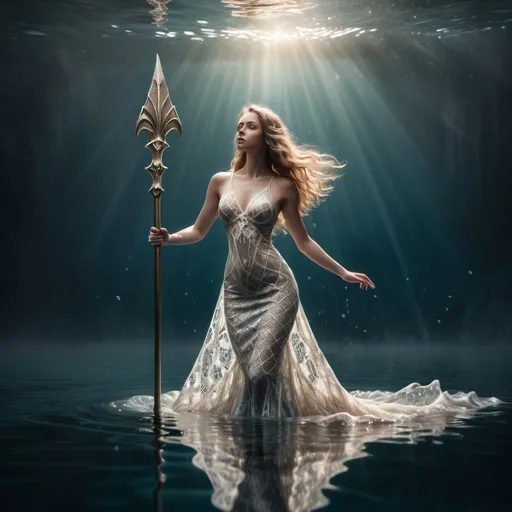 Prompt: Standing on gleaming water, woman in lace dress rising above the water holding a trident ready for battle mermaid scales