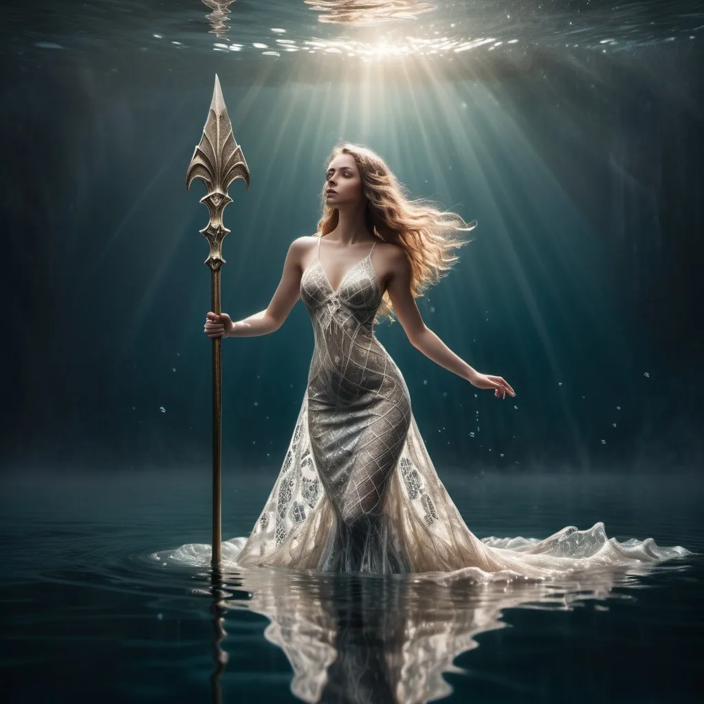 Prompt: Standing on gleaming water, woman in lace dress rising above the water holding a trident ready for battle mermaid scales