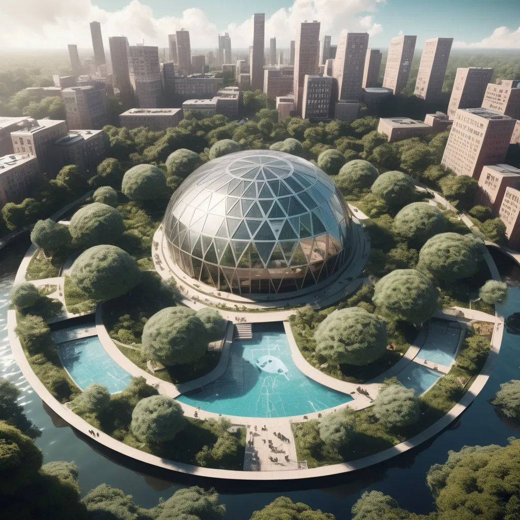 Prompt: a circular building with a pool surrounded by trees and bushes in the middle of a city with lots of buildings, Buckminster Fuller, afrofuturism, solarpunk, a digital rendering