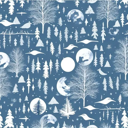 Prompt: winter solstice pattern with trees and moon in the background