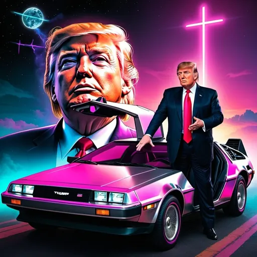Prompt: Synthwave Donald Trump and Jesus Christ in Delorean 