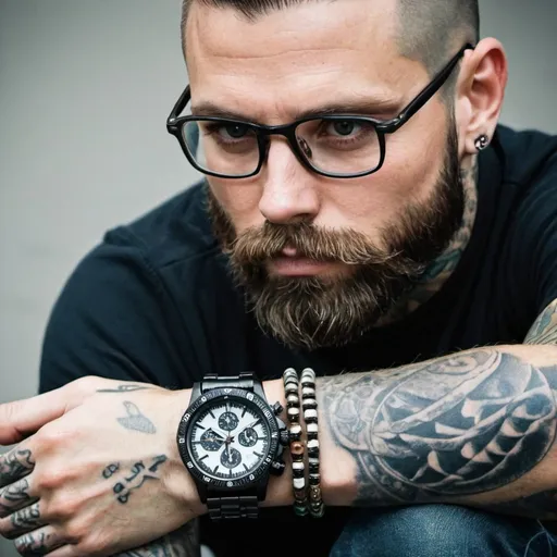 Prompt: A watch on a wrist of a cool tattooed man with a beard