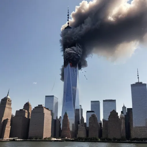 Prompt: Show me a picture of the One World Trade Center getting hit by a plane