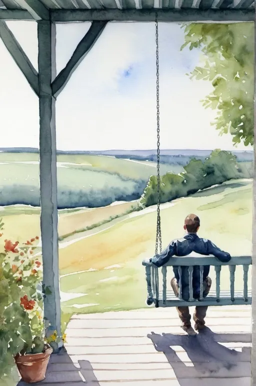 Prompt: watercolor, man on a porch swing in the distance, in the country