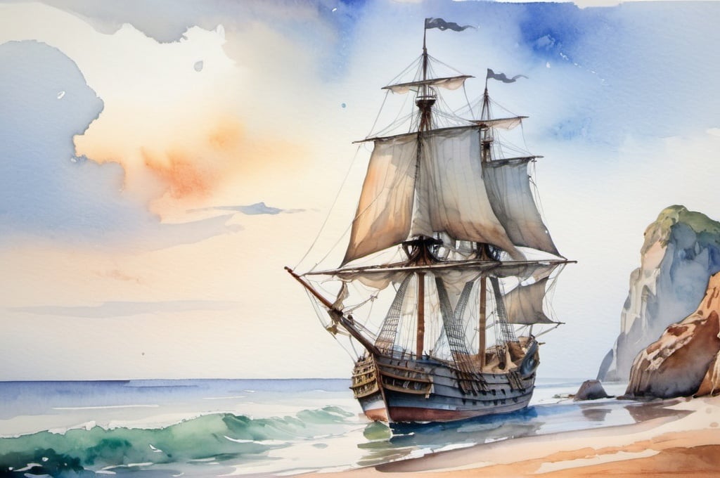 Prompt: watercolor landscape, ocean, galleon