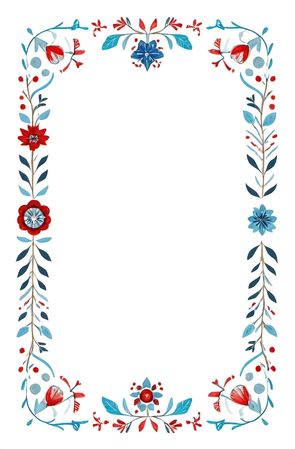 Prompt: a rectangular Nordic art style frame with a white background, Mary Reed, folk art, Scandinavian themed, handdrawn, white background, blues, red.