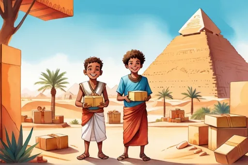 Prompt: (illustration for children's book cover), vibrant watercolor style, joyful and playful scene, (2 boys, 2 girls) smiling brightly, holding small wrapped boxes without bows, wearing traditional clothes without hats, full body standing, enchanting Egypt landscape in the background, whimsical cartoon aesthetic, warm and cheerful ambiance.