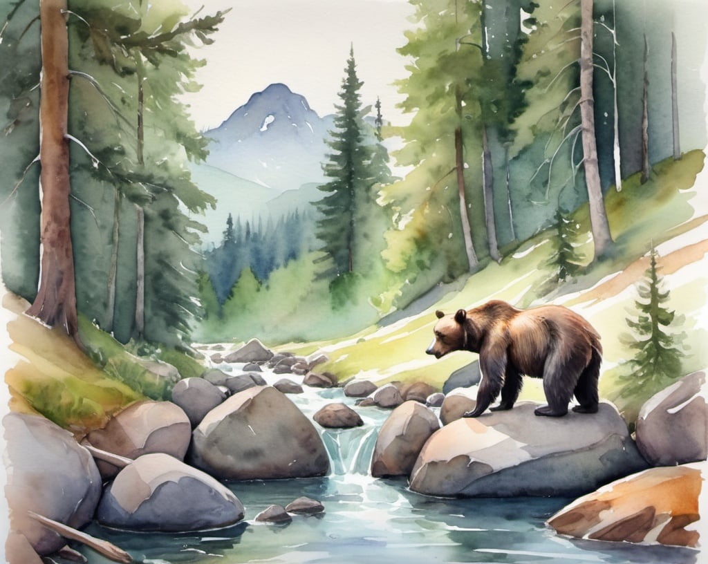 Prompt: watercolor landscape, forest, stream, bear, rocks