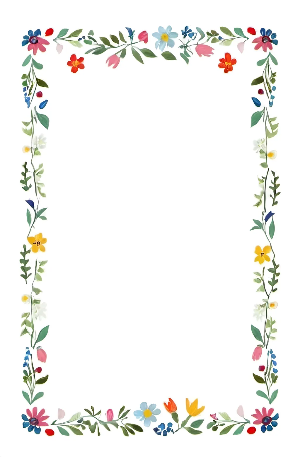 Prompt: a rectangular floral frame with a white background and a border of many flowers and leaves on the edges of the frame, Annabel Kidston, folk art, white background.