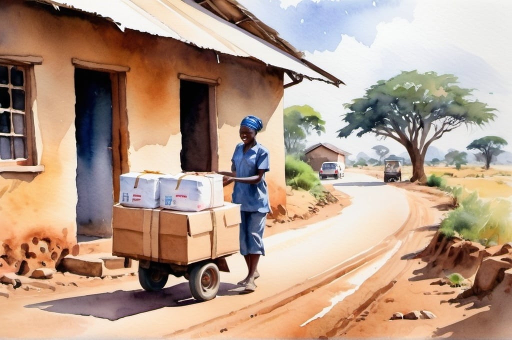 Prompt: watercolor, packages being delivered in africa, rural