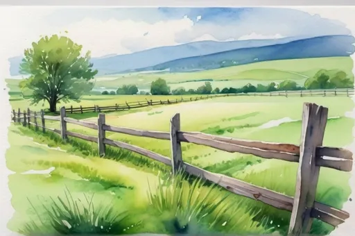 Prompt: watercolor landscape, green field with broken wooden fence