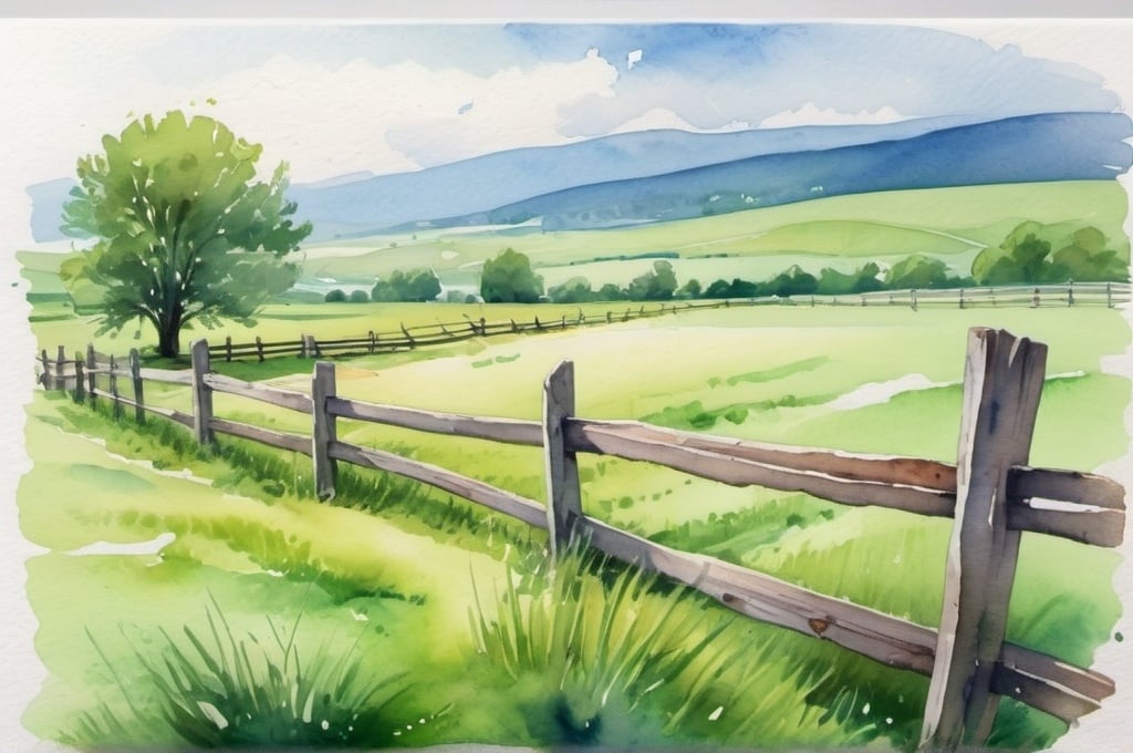 Prompt: watercolor landscape, green field with broken wooden fence
