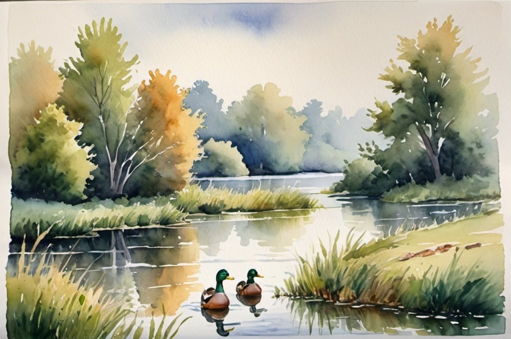 Prompt: watercolor landscape, ducks on a pond