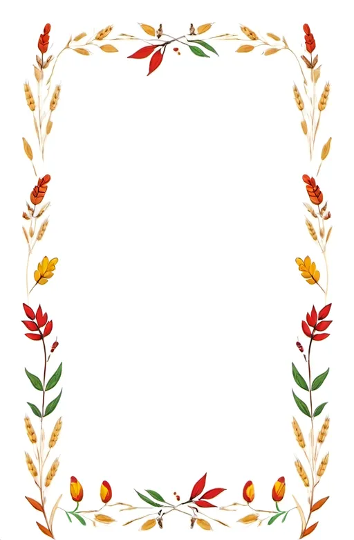 Prompt: a rectangular floral frame with a white background and a border of many autmn leaves and wheat on the edges of the frame, Annabel Kidston, folk art, autumn themed, handdrawn, white background.