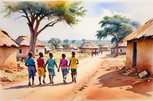 Prompt: watercolor, landscape, gathering of children holding colorful shoeboxes in the distance, africa, rural village