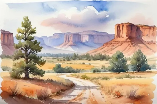 Prompt: watercolor landscape, cowboy hat