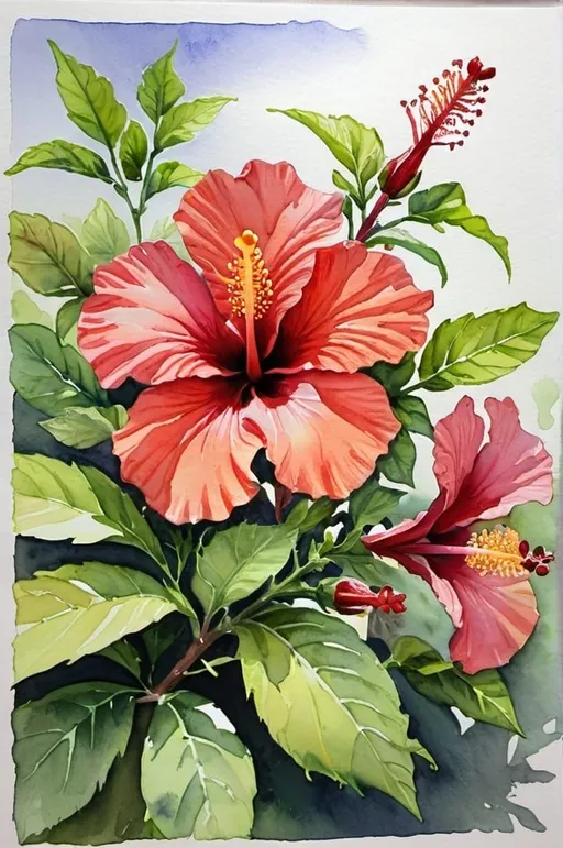 Prompt: watercolor, hibiscus bush