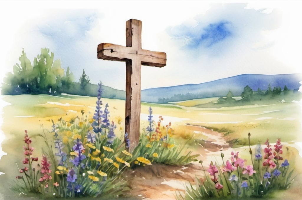 Prompt: watercolor landscape, old wooden cross in a field of wildflowers