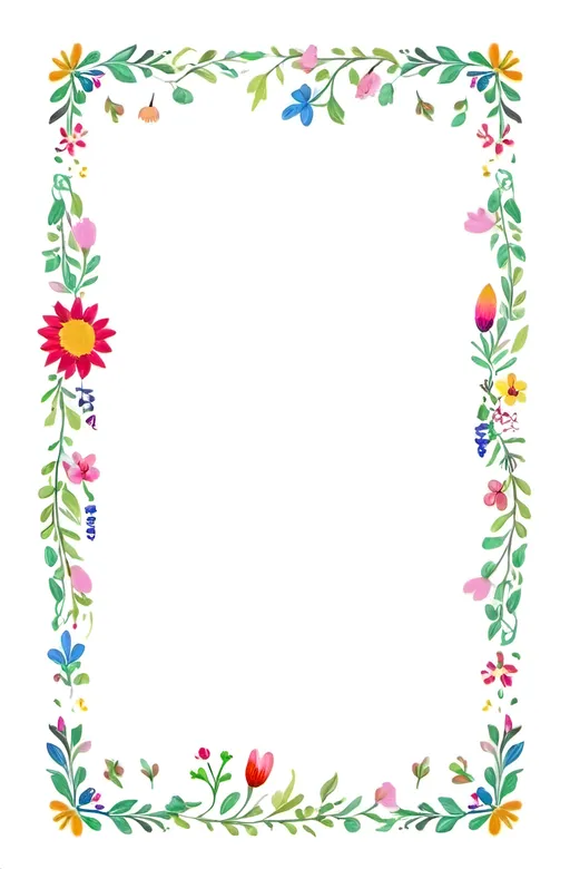 Prompt: a rectangular floral frame with a white background and a border of many flowers and leaves on the edges of the frame, Annabel Kidston, folk art, handdrawn, white background.