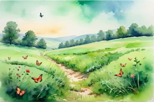 Prompt: watercolor landscape, green field with butterflies