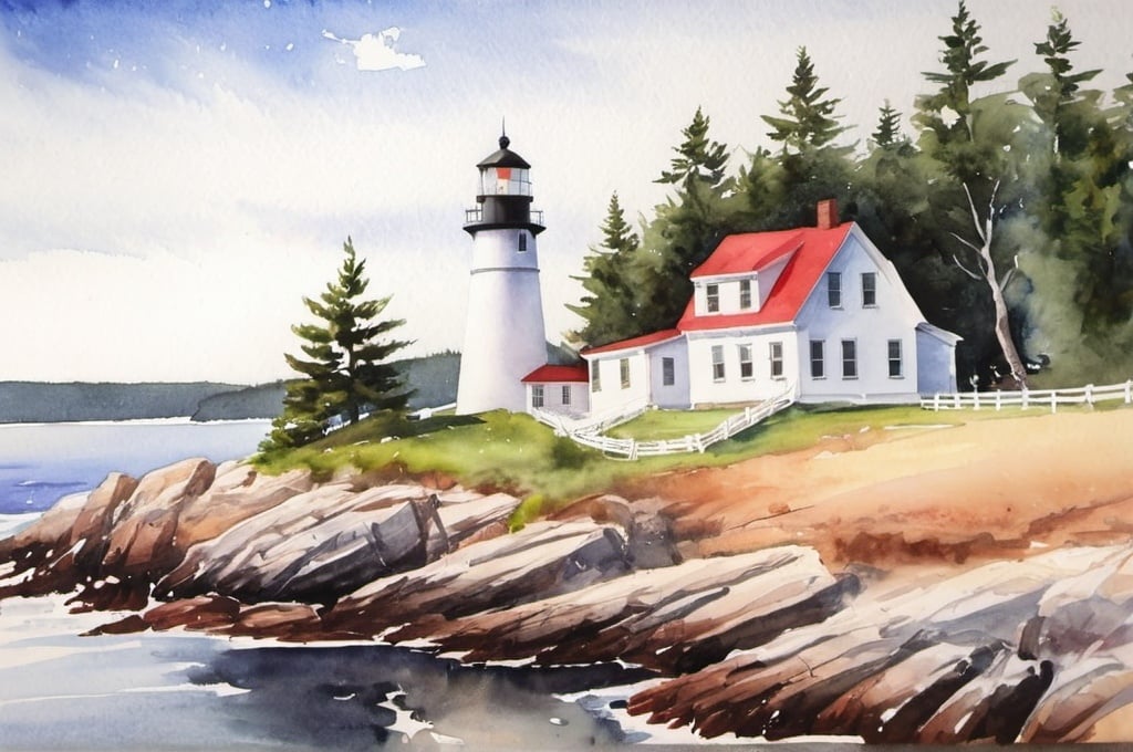 Prompt: watercolor landscape, lighthouse, maine