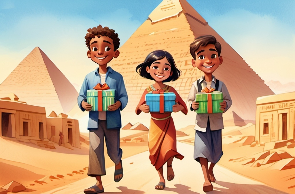 Prompt: (illustration for children's book cover), watercolor style, joyful scene, (2 boys, 2 girls) smiling, holding small wrapped boxes without bows, wearing traditional modern clothes, full body walking forward, enchanting Egypt landscape in the background, whimsical cartoon aesthetic, warm and cheerful ambiance.