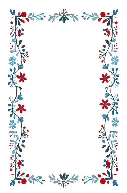 Prompt: a rectangular Nordic art style frame with a white background, Mary Reed, folk art, Scandinavian themed, handdrawn, white background, blues, red.