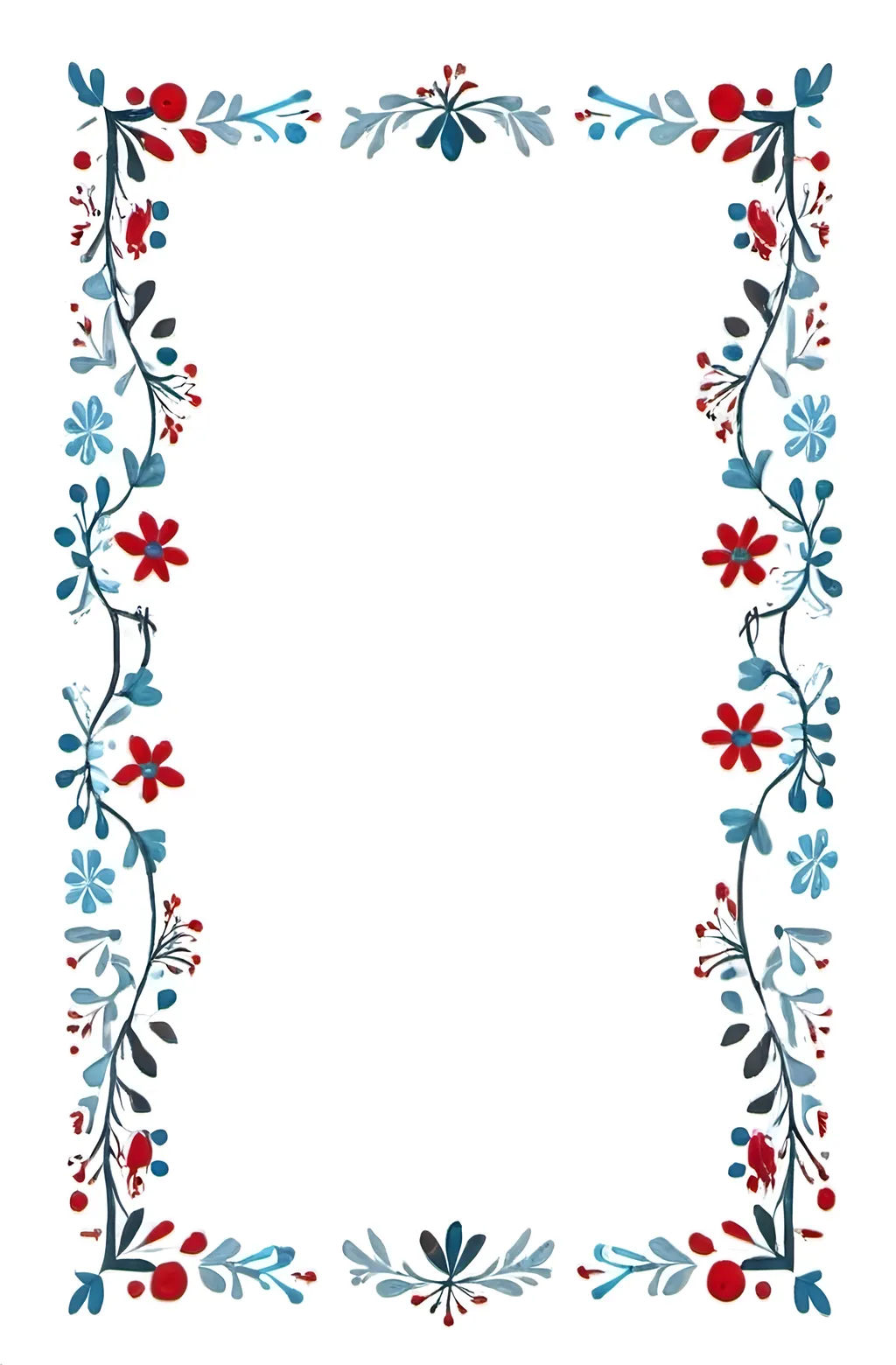 Prompt: a rectangular Nordic art style frame with a white background, Mary Reed, folk art, Scandinavian themed, handdrawn, white background, blues, red.