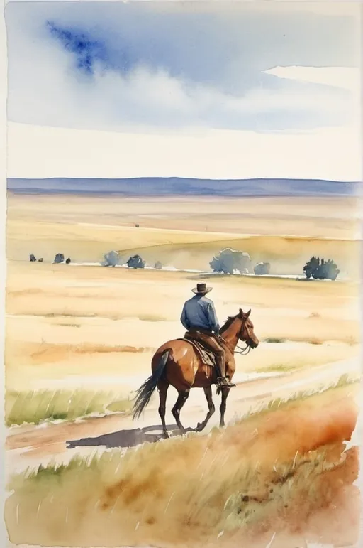 Prompt: watercolor, man alone riding a horse in the distance, prairie